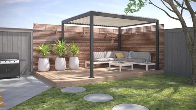 Pergola bioclimatique autoportante Prima, aluminium gris anthracite 12m² — vue 1