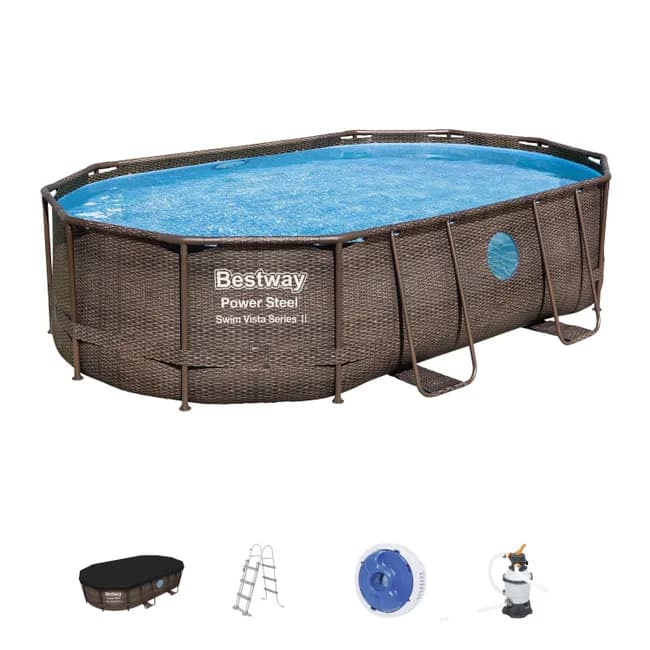 Piscine BESTWAY hors sol ovale Power Steel Swim Vista rotin 488 x 305 x 107cm — vue 1